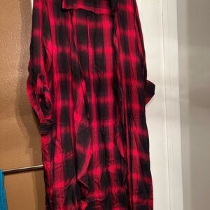Long open duster style red and black plaid shirt